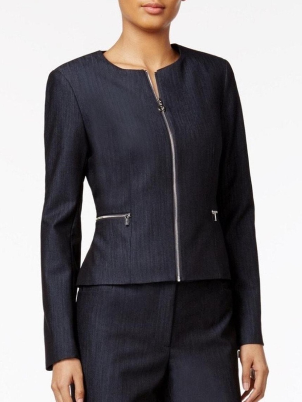 Calvin Klein Blazer Navy Peplum Collarless Zip Front Pockets Structured Size 8